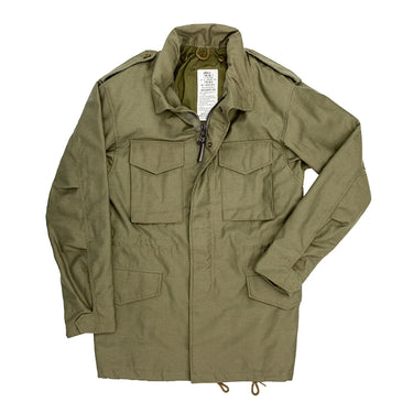 Olive green M-65 field jacket with zip front and flap chest pockets