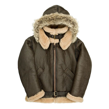 Sheepskin hooded leather jacket with shearling trim, front zip, dark exterior