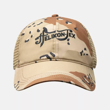 Camouflage trucker cap with Helikon-Tex front patch and curved brim