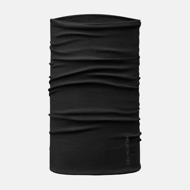 Lightweight balaclava wrap, black tubular neck gaiter with gathered ruched fabric and logo