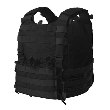 Black tactical vest with MOLLE webbing and padded front panels