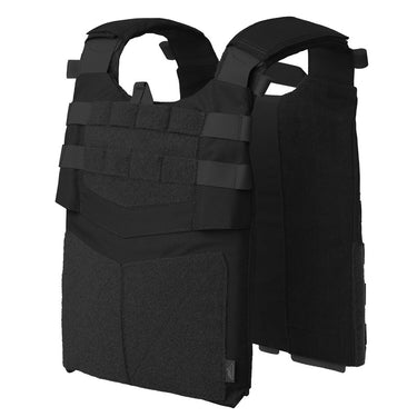 Black tactical plate carrier vest with front MOLLE webbing and padded panels