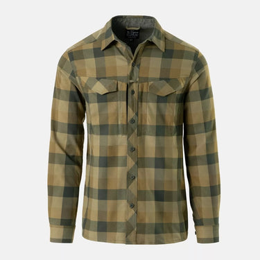Green plaid button-up shirt with button front and two chest flap pockets