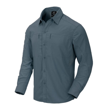 Muted blue long-sleeve button-up shirt with collar and chest pocket