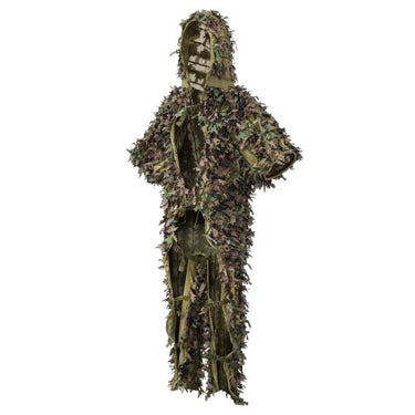 Camouflage ghillie suit with leaf-like strands, hooded, full-body coverage.