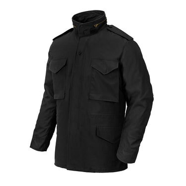 Black combat jacket with stand collar, zip front, and flap pockets