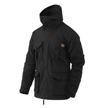 Hooded field smock with front zip and snap pockets, black canvas