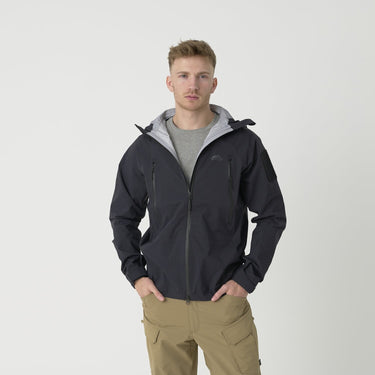 Black hardshell jacket with hood, full zip, and zippered chest pockets.