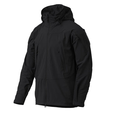 Black tactical jacket with hood, full-zip front, and drawstring hem