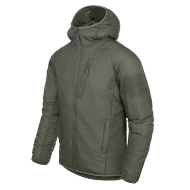 Hooded insulated jacket, gray-green, full-length front zipper and drawstring hood