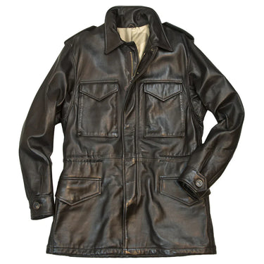 Dark brown lambskin field jacket with four chest pockets and snap-button placket