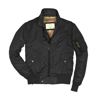 Black flight bomber jacket with zip front, stand collar, and sleeve patch pocket.