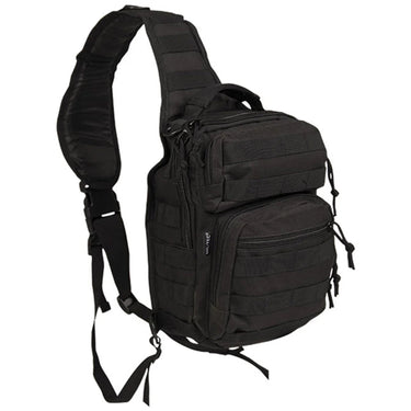 Black one-strap assault pack with front zipper pocket and MOLLE webbing panels