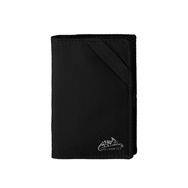 EDC wallet in black fabric with diagonal strap seam and small logo patch