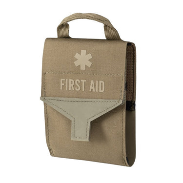 Olive flat medical pouch with handle, first aid cross patch and hook-and-loop flap
