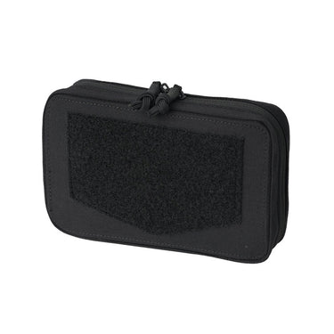 Black admin pouch with hook-and-loop front panel and bungee cord closure
