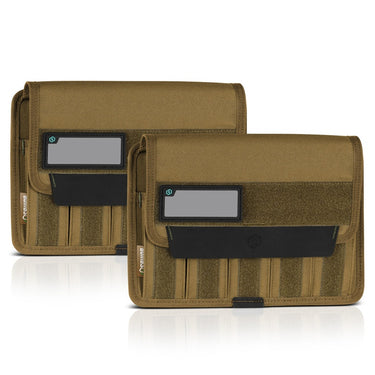 Flat dark earth pistol magazine pouch set with two flap panels and elastic magazine slots