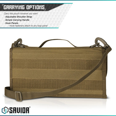 Khaki pistol magazine sling pouch with flap closure and shoulder strap