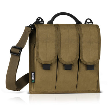Tan tactical sling pouch with three front flap pockets and webbed shoulder strap