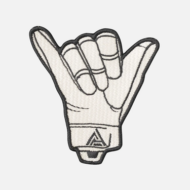 Embroidered white hand peace sign patch with black border and stitched detailing.