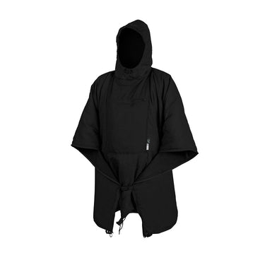 Hooded poncho with drawcord hem, front panel and chest pocket, black