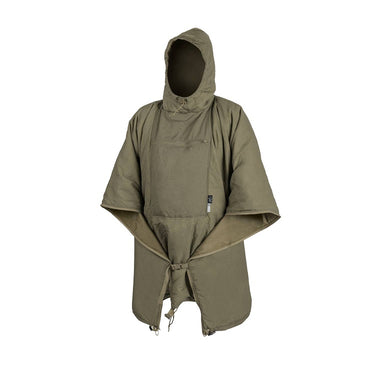 Hooded poncho with drawcord hem, front panel and chest pocket, olive green