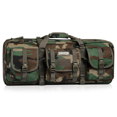 Double rifle bag in woodland camouflage with long carry handle and side pouches