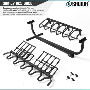 Black rifle stand rail with multiple U-shaped hooks and mounting hardware