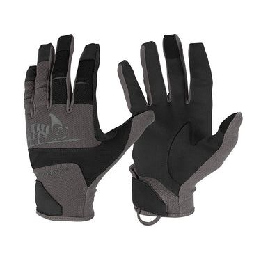 Tactical gloves in black and dark gray with textured palm and knuckle panels