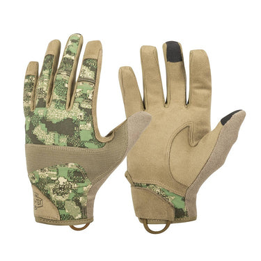 Tactical gloves pair with green/khaki camo palm and tan back, beige fingertips, loop