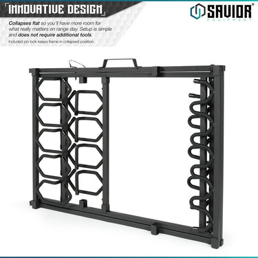 Obsidian black 9-slot rifle rack collapsed flat, showing slot grid and looped prongs