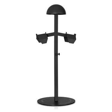 Black tabletop gear stand with dome top, four arms, and round base