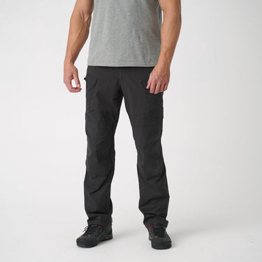 Black cargo pants with zip fly and articulated knee panels