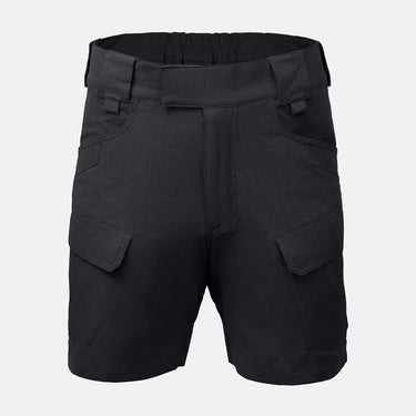 Black tactical-style shorts with elastic waistband and two cargo side pockets