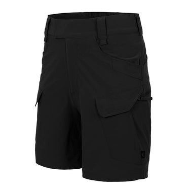 Black outdoor tactical shorts with cargo pockets, flap, and belt loop waistband