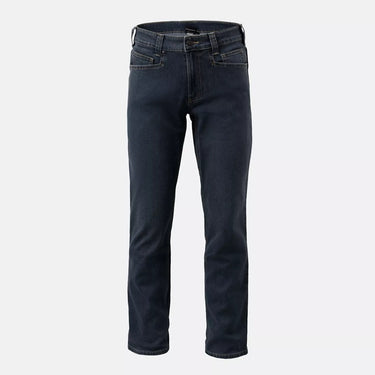 Dark blue denim jeans with straight legs, button fly, and belt loops.