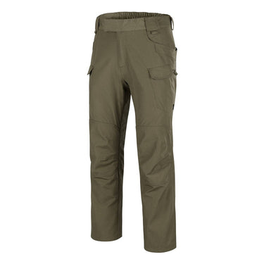 Olive green ripstop flex pants with elastic waistband and cargo pockets