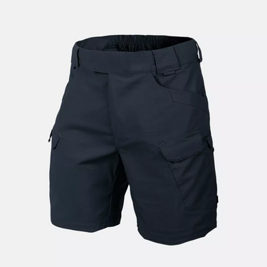 Navy blue stretch ripstop shorts, elastic waist, side cargo pockets