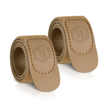 Hook-and-loop equipment straps, tan with textured roll and stitched logo pads, 2-pack