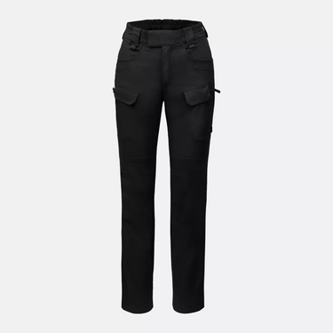 Women’s cargo pants in black with multiple side pockets and stitched utility details