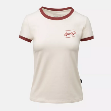 Women’s sand T-shirt with maroon collar trim and small chest logo