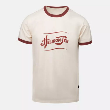 Sand T-shirt with maroon ribbed collar, short sleeves, and Helikon-Tex front logo