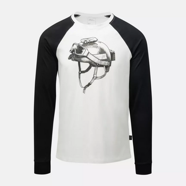 Long-sleeve baseball tee with white body, black raglan sleeves, helmet graphic on chest