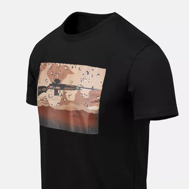 Black crewneck T-shirt with desert camouflage chest graphic, side view