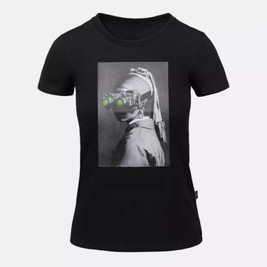 Black women’s T-shirt with front astronaut graphic, short sleeves