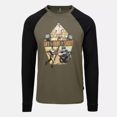 Olive green long sleeve raglan T-shirt with black sleeves and 'Lift Run Shoot' graphic.
