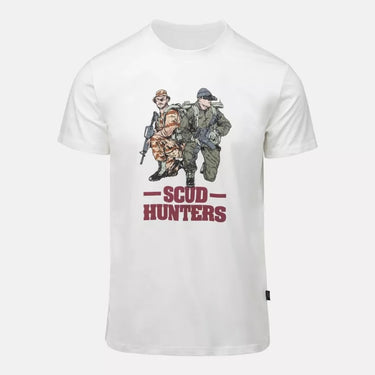 White crewneck T-shirt with front SCUD HUNTERS graphic
