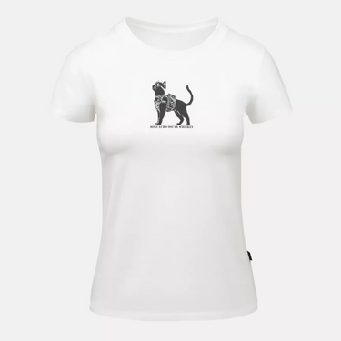 White women’s short-sleeve T-shirt with cat graphic on chest.