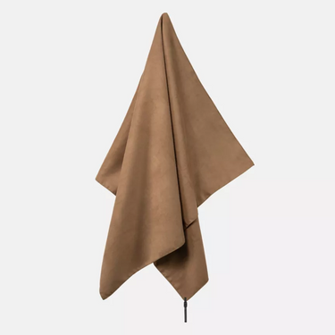 Large lite field towel in coyote brown, folded with black drawcord closure at bottom