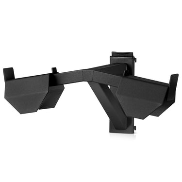 Wall-mounted vest rack system with two hinged arms, obsidian black